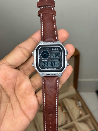 Casi o Illuminator Silver Case Digital With Brown Leather Strap