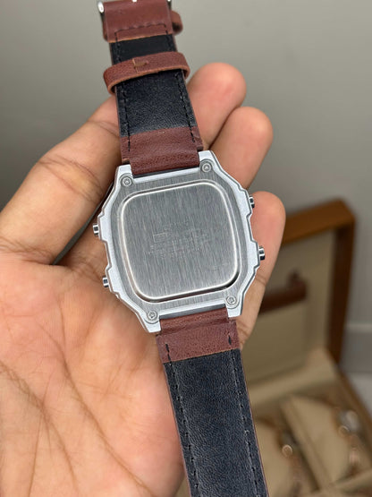 Casi o Illuminator Silver Case Digital With Brown Leather Strap