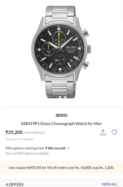 Seiko Dress Silver Black Chronograph Premium Watch