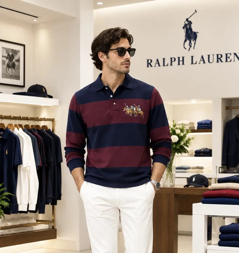 Ralph  Lauren Wine Logo Work Premium Full Sleeve Polo T-Shirt