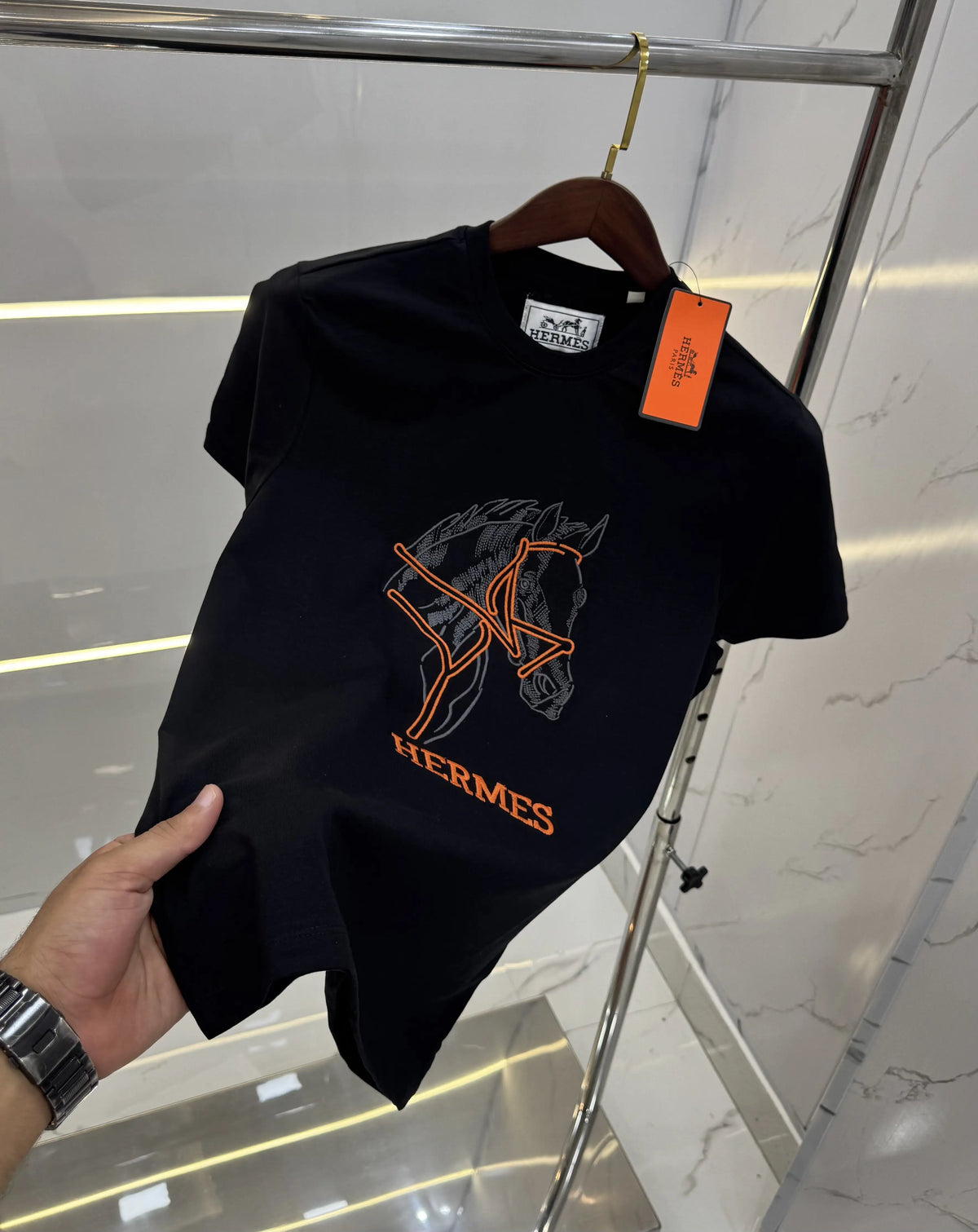 Hermes Black Embroidery Logo Premium T-Shirt