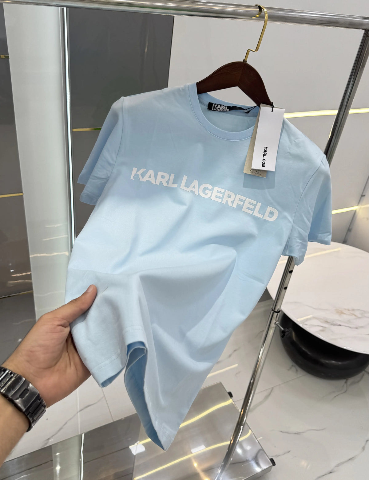 Karl Lagerfeld Sky Blue Logo Print Premium T-Shirt
